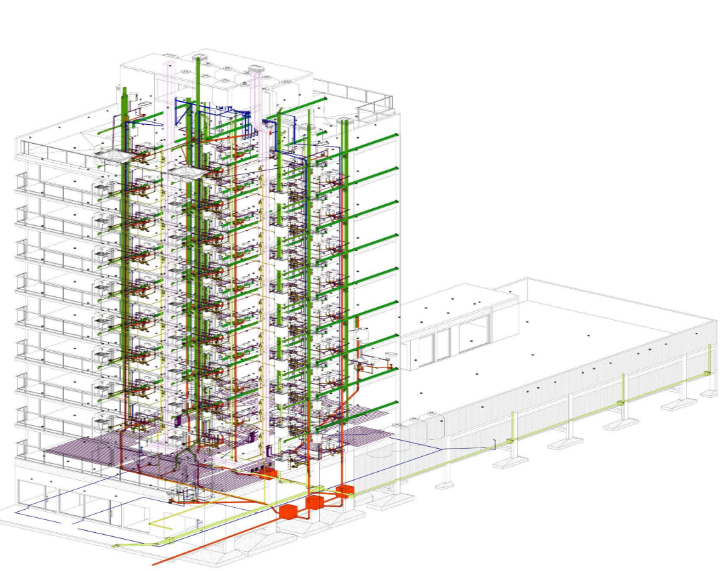 Edificio Puerto Madryn — coordinación MEP en modelo BIM
